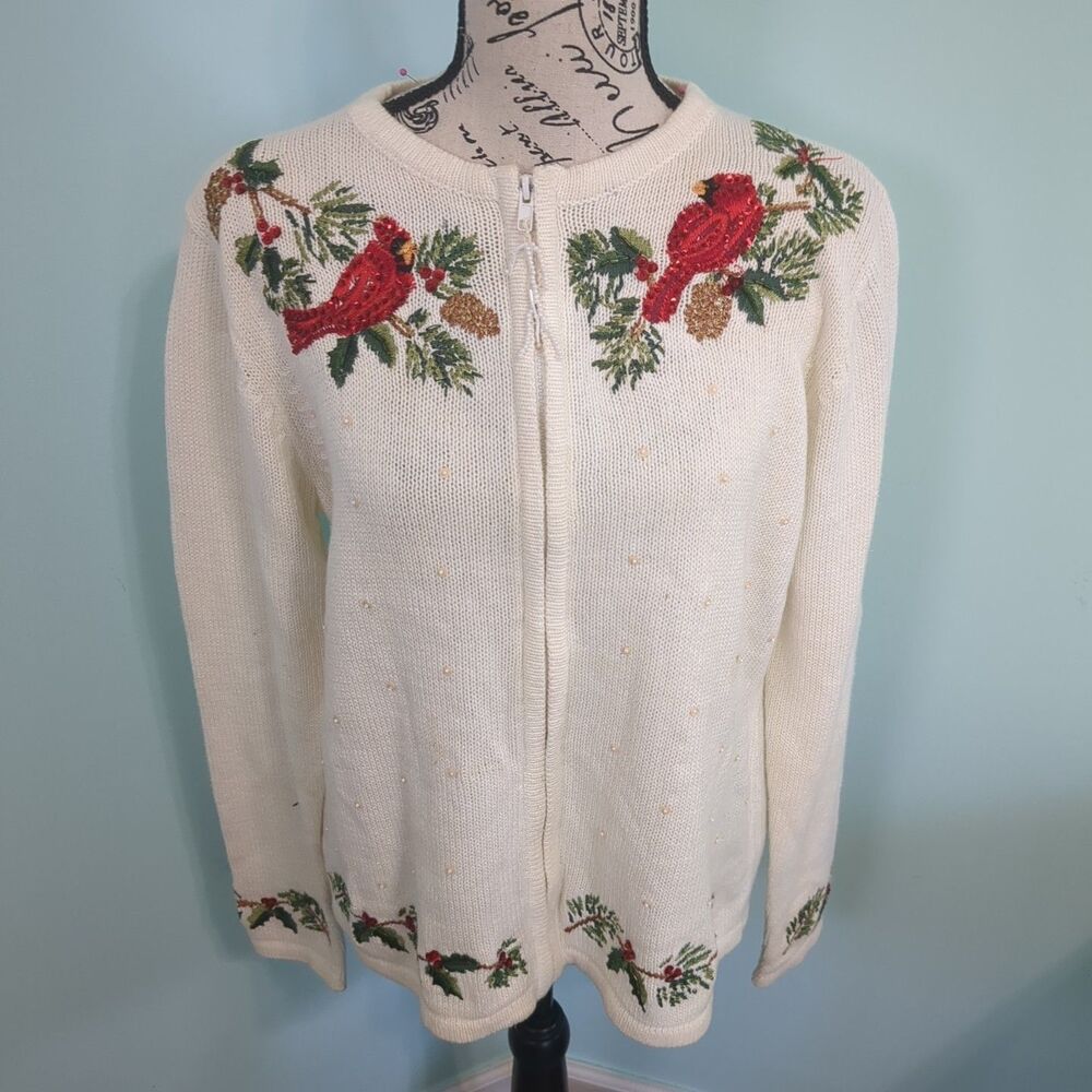 Tiara Christmas Cardigan Sweater, Cardinal Bird, Embroidery Bead Sequin Medium g
